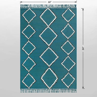 5' X 7' Soft Moroccan Tapestry With Double Knot Fringe Woven Outdoor Rug Teal - Opalhouse™